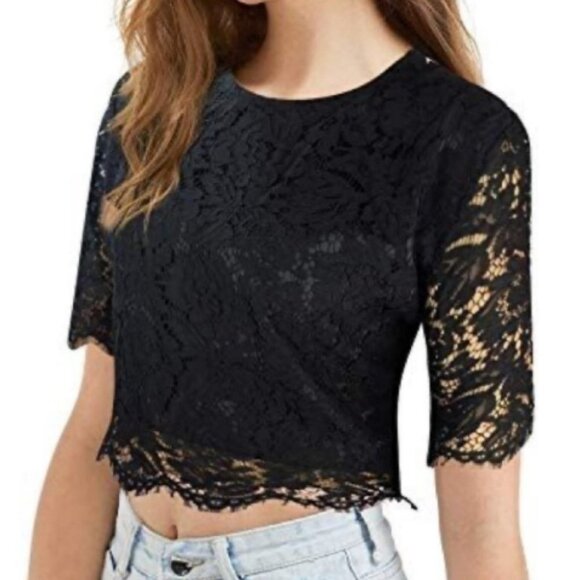 Oyamiki Short Sleeve Black Lace Crew Neck Blouse Top Size Large Romantic Boho L - Picture 14 of 14
